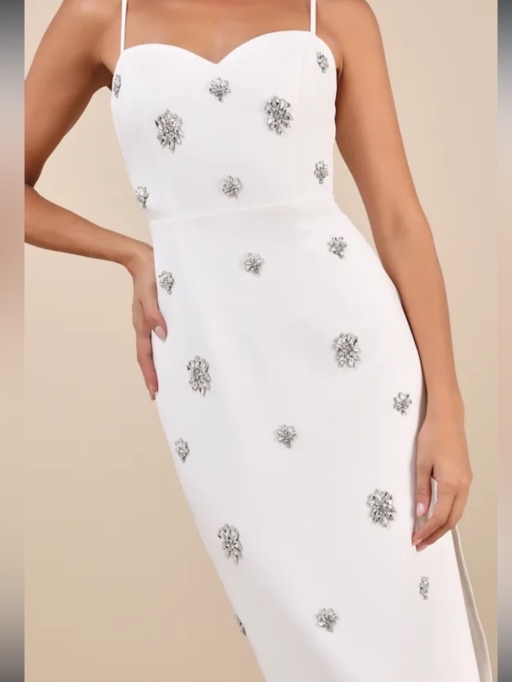 White Embellished Spaghetti-Strap Evening Gown - Picture 5 of 15